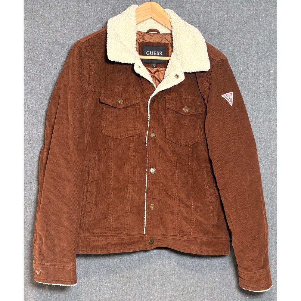 Guess Mens Brown Corduroy Sherpa Collar Snap Trucker Jacket Sz Small
